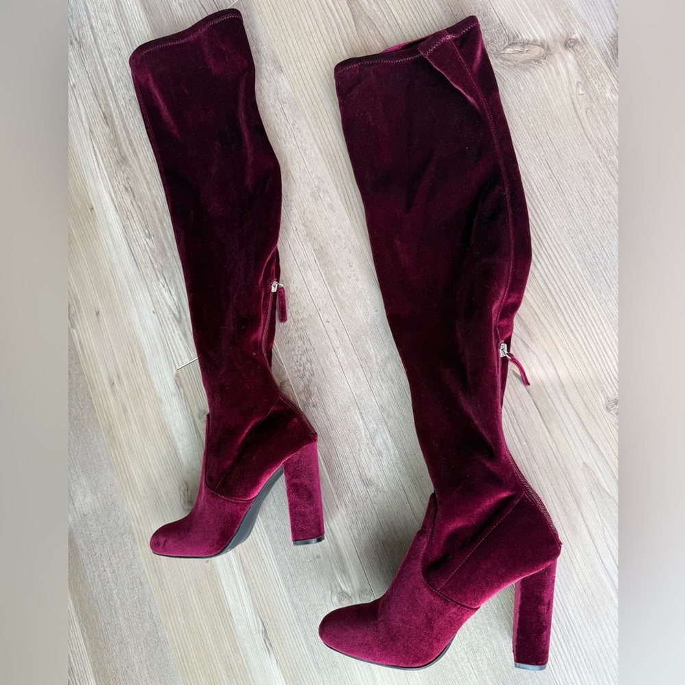 Steve Madden Over the Knee Velvet Boots - Burgundy - Picture 4 of 6